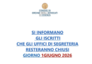 CHIUSURA UFFICIO DI SEGRETERIA 1 GIUGNO 2026
