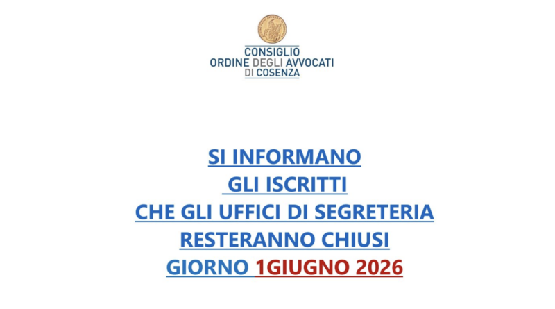 CHIUSURA UFFICIO DI SEGRETERIA 1 GIUGNO 2026