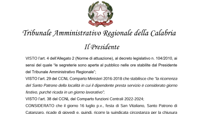 Chiusura uffici TAR Calabria Catanzaro festività Santo Patrono 16 luglio 2026 Chiusura uffici TAR Calabria Catanzaro festività Santo Patrono 16 luglio 2026